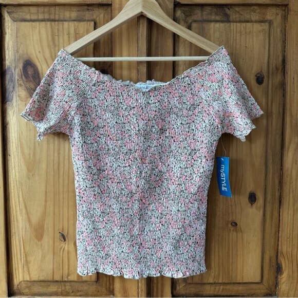 NWT MyStyle 100% Cotton Off Shoulder Top Shirring Smocked Pink Beige - Large - Picture 8 of 9